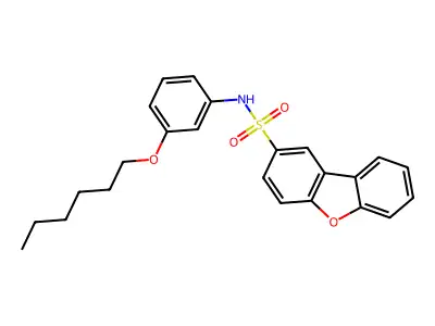 N-(3-hexoxyphenyl)dibenzofuran-2-sulfonamide structure
