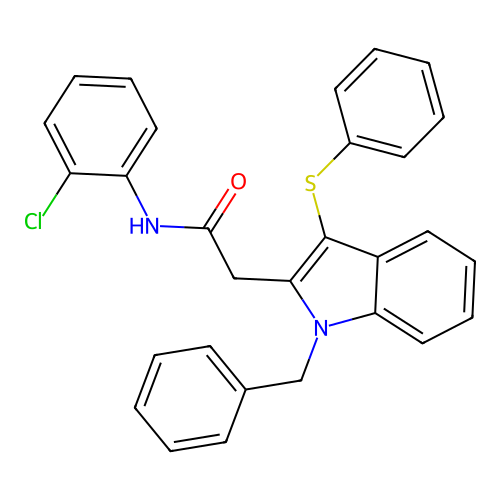 2-[1-benzyl-3-(phenylsulfanyl)-1H-indol-2-yl]-N-(2-chlorophenyl)acetamide structure