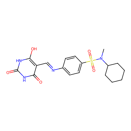 N-cyclohexyl-4-{[(E)-(4-hydroxy-2,6-dioxo-1,6-dihydropyrimidin-5(2H)-ylidene)methyl]amino}-N-methylbenzenesulfonamide structure