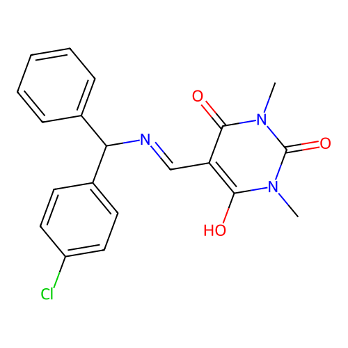 5-((((4-chlorophenyl)(phenyl)methyl)amino)methylene)-1,3-dimethylpyrimidine-2,4,6(1H,3H,5H)-trione structure