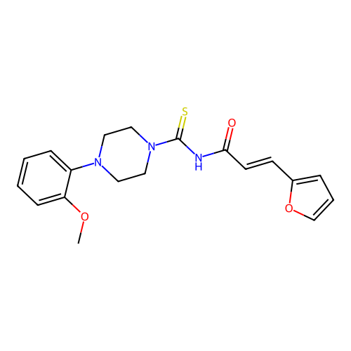 (2E)-3-(furan-2-yl)-N-{[4-(2-methoxyphenyl)piperazin-1-yl]carbonothioyl}prop-2-enamide structure