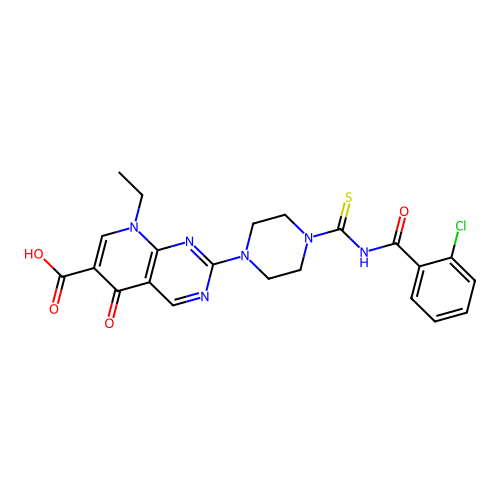 2-(4-{[(2-chlorophenyl)carbonyl]carbamothioyl}piperazin-1-yl)-8-ethyl-5-oxo-5,8-dihydropyrido[2,3-d]pyrimidine-6-carboxylic acid structure