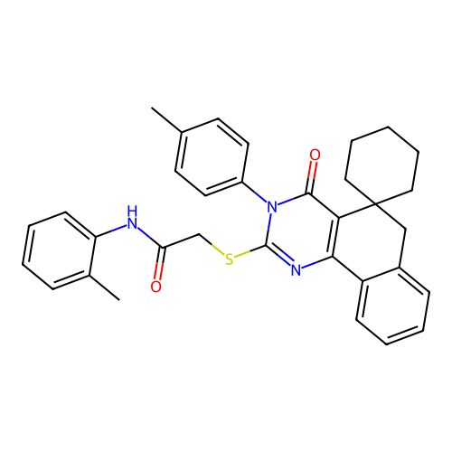 2-((4-oxo-3-(p-tolyl)-4,6-dihydro-3H-spiro[benzo[h]quinazoline-5,1'-cyclohexan]-2-yl)thio)-N-(o-tolyl)acetamide structure