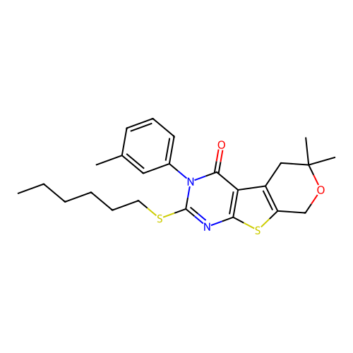 2-(hexylsulfanyl)-6,6-dimethyl-3-(3-methylphenyl)-3,5,6,8-tetrahydro-4H-pyrano[4',3':4,5]thieno[2,3-d]pyrimidin-4-one structure