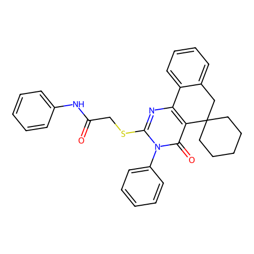 2-((4-oxo-3-phenyl-4,6-dihydro-3H-spiro[benzo[h]quinazoline-5,1'-cyclohexan]-2-yl)thio)-N-phenylacetamide structure