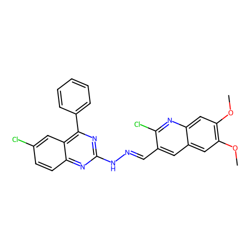 (E)-6-chloro-2-(2-((2-chloro-6,7-dimethoxyquinolin-3-yl)methylene)hydrazinyl)-4-phenylquinazoline structure