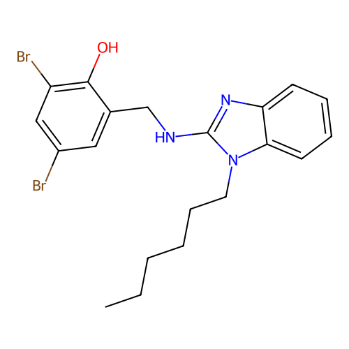 2,4-dibromo-6-(((1-hexyl-1H-benzo[d]imidazol-2-yl)amino)methyl)phenol structure