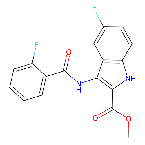 methyl 5-fluoro-3-{[(2-fluorophenyl)carbonyl]amino}-1H-indole-2-carboxylate structure