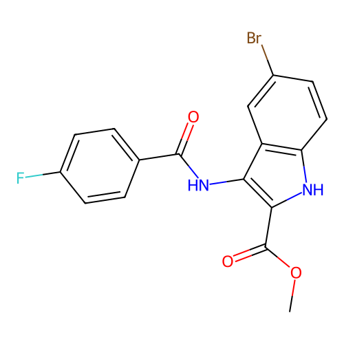 methyl 5-bromo-3-{[(4-fluorophenyl)carbonyl]amino}-1H-indole-2-carboxylate structure