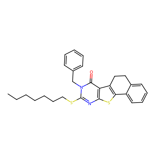 8-benzyl-9-(heptylthio)-5,6-dihydronaphtho[2',1':4,5]thieno[2,3-d]pyrimidin-7(8H)-one structure