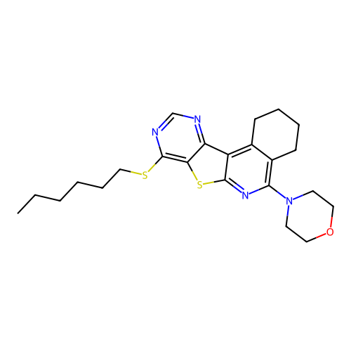 4-(8-(hexylthio)-1,2,3,4-tetrahydropyrimido[4',5':4,5]thieno[2,3-c]isoquinolin-5-yl)morpholine structure
