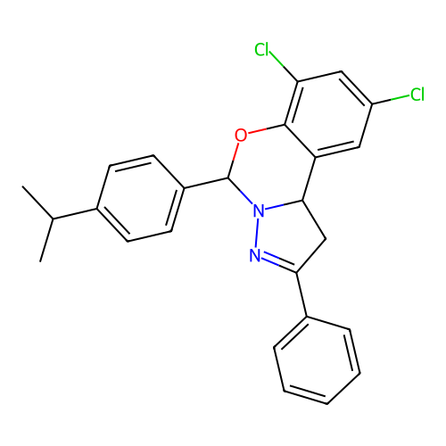 2,4-dichloro-6-[4-(methylethyl)phenyl]-9-phenyl-6H,10aH-benzo[e]2-pyrazolino[1 ,5-c]1,3-oxazine structure