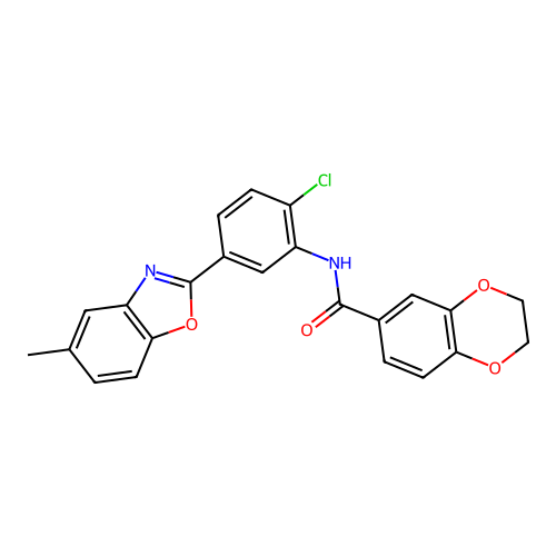 N-[2-chloro-5-(5-methyl-1,3-benzoxazol-2-yl)phenyl]-2,3-dihydro-1,4-benzodioxine-6-carboxamide structure