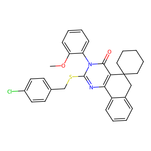 2-((4-chlorobenzyl)thio)-3-(2-methoxyphenyl)-3H-spiro[benzo[h]quinazoline-5,1'-cyclohexan]-4(6H)-one structure
