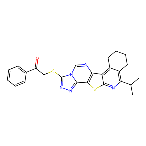 1-phenyl-2-{[11-(propan-2-yl)-7,8,9,10-tetrahydro[1,2,4]triazolo[4'',3'':1',6']pyrimido[4',5':4,5]thieno[2,3-c]isoquinolin-3-yl]sulfanyl}ethanone structure