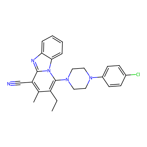 1-[4-(4-chlorophenyl)piperazin-1-yl]-2-ethyl-3-methylpyrido[1,2-a]benzimidazole-4-carbonitrile structure