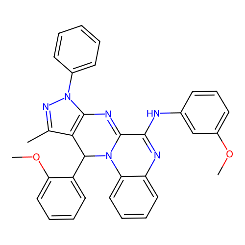 11-(2-methoxyphenyl)-N-(3-methoxyphenyl)-10-methyl-8-phenyl-8,11-dihydropyrazolo[3',4':4,5]pyrimido[1,2-a]quinoxalin-6-amine structure