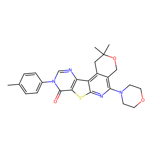 2,2-dimethyl-5-morpholino-9-(p-tolyl)-4,9-dihydro-1H-pyrano[4'',3'':4',5']pyrido[3',2':4,5]thieno[3,2-d]pyrimidin-8(2H)-one structure