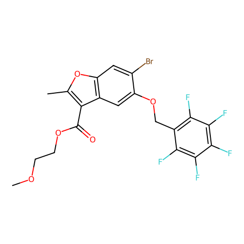 2-methoxyethyl 6-bromo-2-methyl-5-((perfluorophenyl)methoxy)benzofuran-3-carboxylate structure