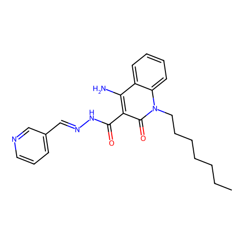 4-amino-1-heptyl-2-oxo-N-(pyridin-3-ylmethylideneamino)quinoline-3-carboxamide structure
