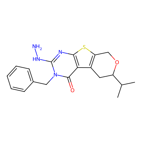3-benzyl-2-hydrazinyl-6-(propan-2-yl)-3,5,6,8-tetrahydro-4H-pyrano[4',3':4,5]thieno[2,3-d]pyrimidin-4-one structure