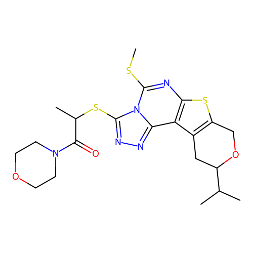 2-{[5-(methylsulfanyl)-10-(propan-2-yl)-10,11-dihydro-8H-pyrano[4',3':4,5]thieno[3,2-e][1,2,4]triazolo[4,3-c]pyrimidin-3-yl]sulfanyl}-1-(morpholin-4-yl)propan-1-one structure