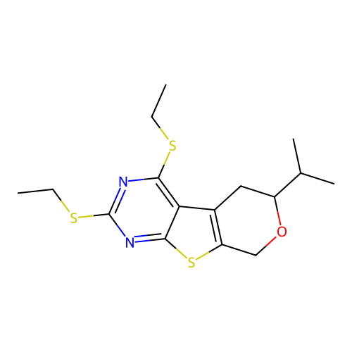 2,4-bis(ethylthio)-6-isopropyl-6,8-dihydro-5H-pyrano[4',3':4,5]thieno[2,3-d]pyrimidine structure