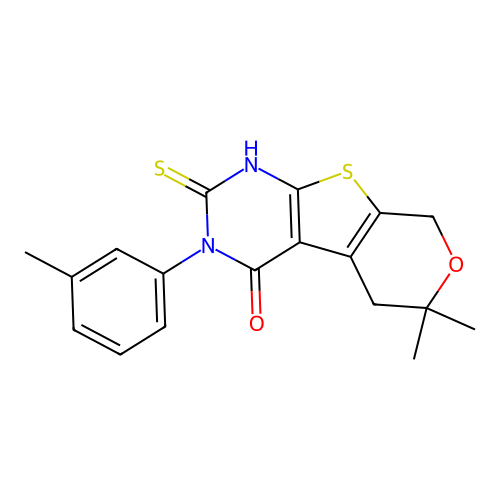 2-mercapto-6,6-dimethyl-3-(m-tolyl)-5,6-dihydro-3H-pyrano[4',3':4,5]thieno[2,3-d]pyrimidin-4(8H)-one structure