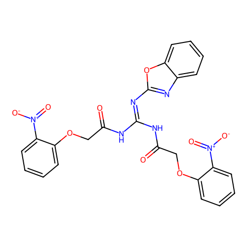 (E)-N-(N-(benzo[d]oxazol-2-yl)-N'-(2-(2-nitrophenoxy)acetyl)carbamimidoyl)-2-(2-nitrophenoxy)acetamide structure