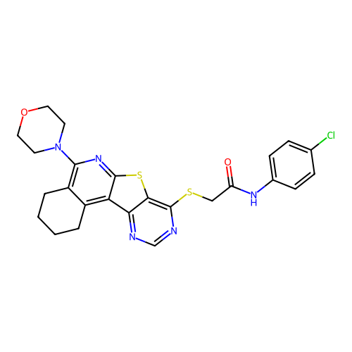 N-(4-chlorophenyl)-2-((5-morpholino-1,2,3,4-tetrahydropyrimido[4',5':4,5]thieno[2,3-c]isoquinolin-8-yl)thio)acetamide structure