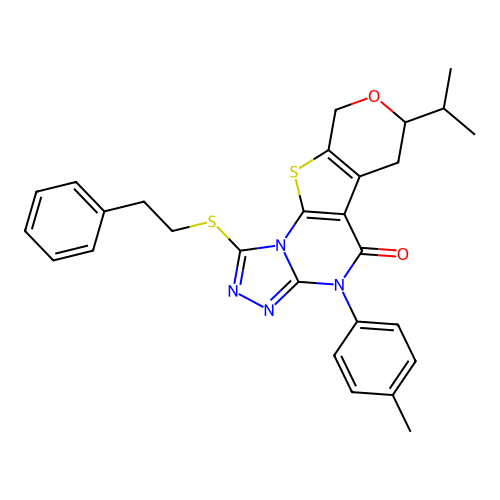 4-(4-methylphenyl)-1-[(2-phenylethyl)sulfanyl]-7-(propan-2-yl)-6,9-dihydro-7H-pyrano[4',3':4,5]thieno[3,2-e][1,2,4]triazolo[4,3-a]pyrimidin-5(4H)-one structure