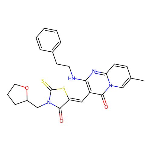 7-methyl-3-{(Z)-[4-oxo-3-(tetrahydrofuran-2-ylmethyl)-2-thioxo-1,3-thiazolidin-5-ylidene]methyl}-2-[(2-phenylethyl)amino]-4H-pyrido[1,2-a]pyrimidin-4-one structure