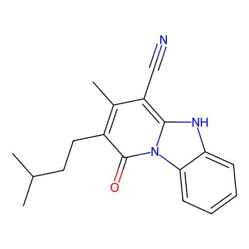 3-methyl-2-(3-methylbutyl)-1-oxo-5H-pyrido[1,2-a]benzimidazole-4-carbonitrile structure