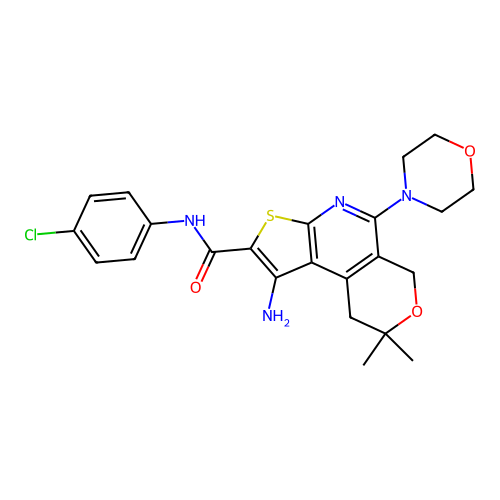 1-amino-N-(4-chlorophenyl)-8,8-dimethyl-5-(morpholin-4-yl)-8,9-dihydro-6H-pyrano[4,3-d]thieno[2,3-b]pyridine-2-carboxamide structure