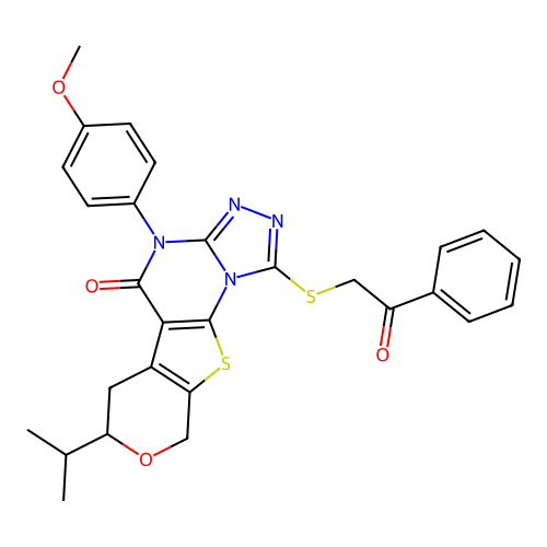 4-(4-methoxyphenyl)-1-[(2-oxo-2-phenylethyl)sulfanyl]-7-(propan-2-yl)-6,9-dihydro-7H-pyrano[4',3':4,5]thieno[3,2-e][1,2,4]triazolo[4,3-a]pyrimidin-5(4H)-one structure
