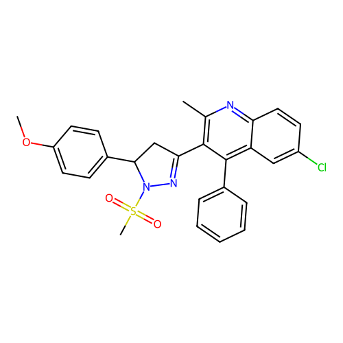 6-chloro-3-(5-(4-methoxyphenyl)-1-(methylsulfonyl)-4,5-dihydro-1H-pyrazol-3-yl)-2-methyl-4-phenylquinoline structure