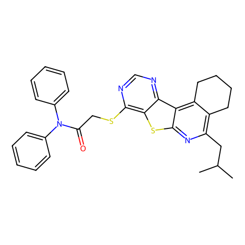 2-((5-isobutyl-1,2,3,4-tetrahydropyrimido[4',5':4,5]thieno[2,3-c]isoquinolin-8-yl)thio)-N,N-diphenylacetamide structure