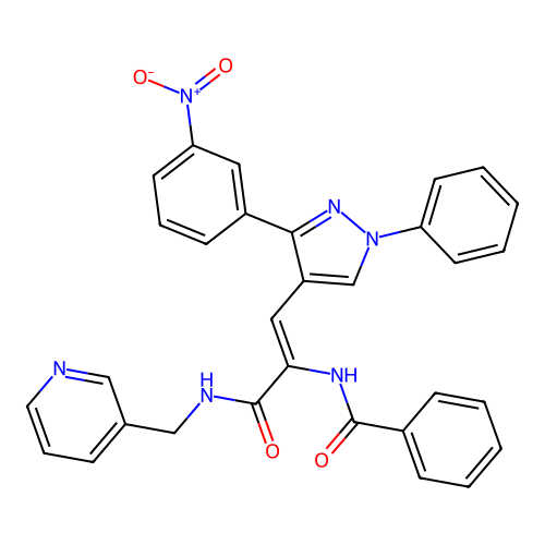 (2Z)-3-[3-(3-nitrophenyl)-1-phenylpyrazol-4-yl]-2-(phenylcarbonylamino)-N-(3-p yridylmethyl)prop-2-enamide structure