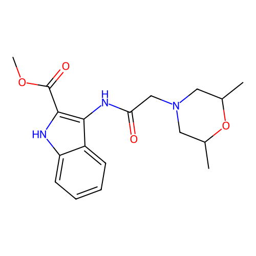 methyl 3-{[(2,6-dimethylmorpholin-4-yl)acetyl]amino}-1H-indole-2-carboxylate structure