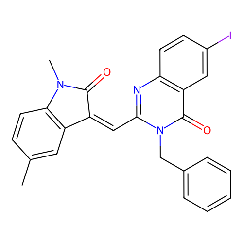 (Z)-3-benzyl-2-((1,5-dimethyl-2-oxoindolin-3-ylidene)methyl)-6-iodoquinazolin-4(3H)-one structure