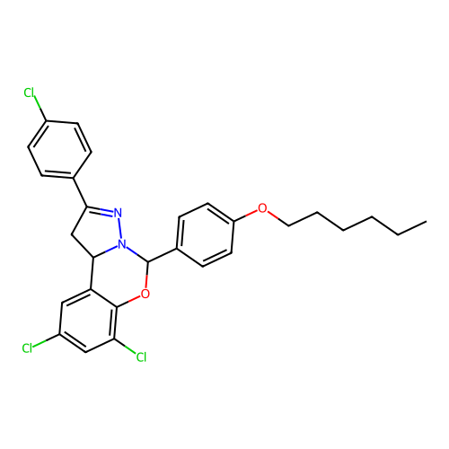 7,9-dichloro-2-(4-chlorophenyl)-5-(4-(hexyloxy)phenyl)-5,10b-dihydro-1H-benzo[e]pyrazolo[1,5-c][1,3]oxazine structure