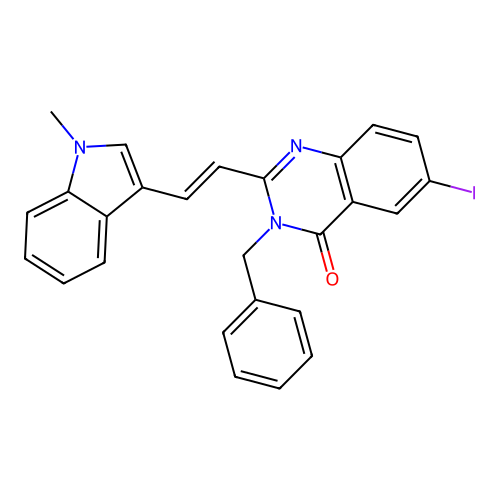 3-benzyl-6-iodo-2-[(E)-2-(1-methyl-1H-indol-3-yl)ethenyl]quinazolin-4(3H)-one structure