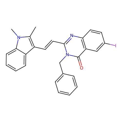 3-benzyl-2-[2-(1,2-dimethylindol-3-yl)ethenyl]-6-iodo-quinazolin-4-one structure