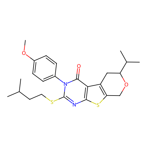 3-(4-methoxyphenyl)-2-[(3-methylbutyl)sulfanyl]-6-(propan-2-yl)-3,5,6,8-tetrahydro-4H-pyrano[4',3':4,5]thieno[2,3-d]pyrimidin-4-one structure