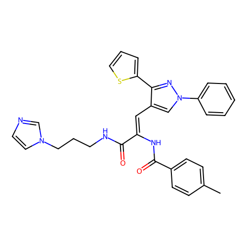 (2Z)-N-(3-imidazolylpropyl)-2-[(4-methylphenyl)carbonylamino]-3-(1-phenyl-3-(2-thienyl)pyrazol-4-yl)prop-2-enamide structure
