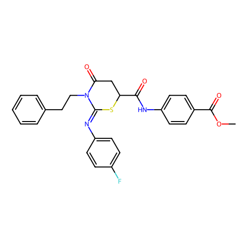 methyl 4-({[(2Z)-2-[(4-fluorophenyl)imino]-4-oxo-3-(2-phenylethyl)-1,3-thiazinan-6-yl]carbonyl}amino)benzoate structure