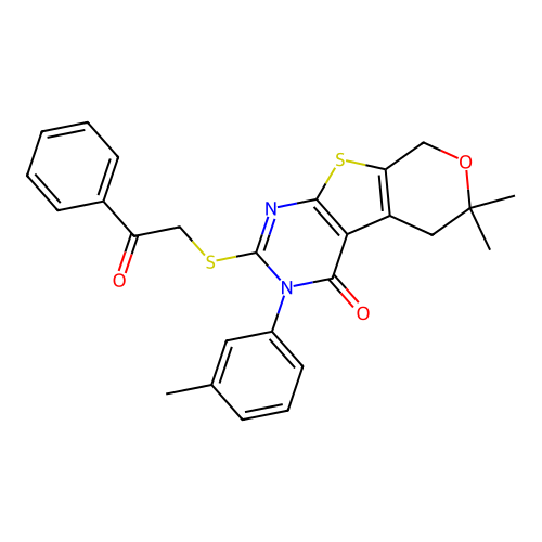 6,6-dimethyl-3-(3-methylphenyl)-2-[(2-oxo-2-phenylethyl)sulfanyl]-3,5,6,8-tetrahydro-4H-pyrano[4',3':4,5]thieno[2,3-d]pyrimidin-4-one structure