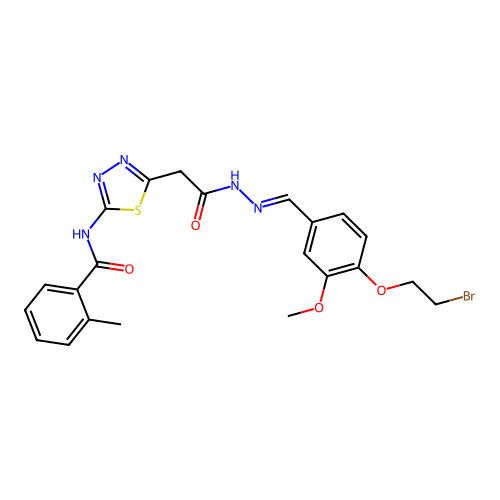 (E)-N-(5-(2-(2-(4-(2-bromoethoxy)-3-methoxybenzylidene)hydrazinyl)-2-oxoethyl)-1,3,4-thiadiazol-2-yl)-2-methylbenzamide structure