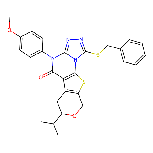 1-(benzylsulfanyl)-4-(4-methoxyphenyl)-7-(propan-2-yl)-6,9-dihydro-7H-pyrano[4',3':4,5]thieno[3,2-e][1,2,4]triazolo[4,3-a]pyrimidin-5(4H)-one structure
