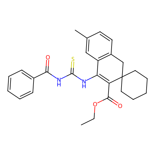 ethyl 1-(benzoylcarbamothioylamino)-7-methylspiro[4H-naphthalene-3,1'-cyclohexane]-2-carboxylate structure